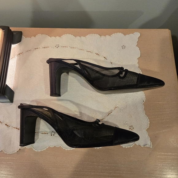 925 Sterling Silver Shoes - Chic Black Mesh Women's Heels with Bow Detail, Size 9.5